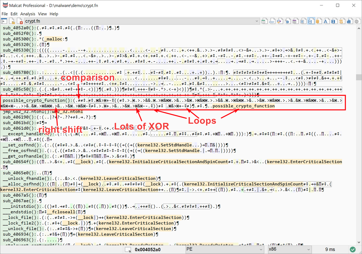 malcat4ever's tweet photo. Tip of the week #5: #malcat can help spot odd-looking code thanks to its DNA view. 
Each instruction is represented by a colored symbol, while loops and API calls are highlighted. This makes visual pattern recognition a lot easier while #reverseengineering large #malware . https://t.co/nFKHYPHdAa