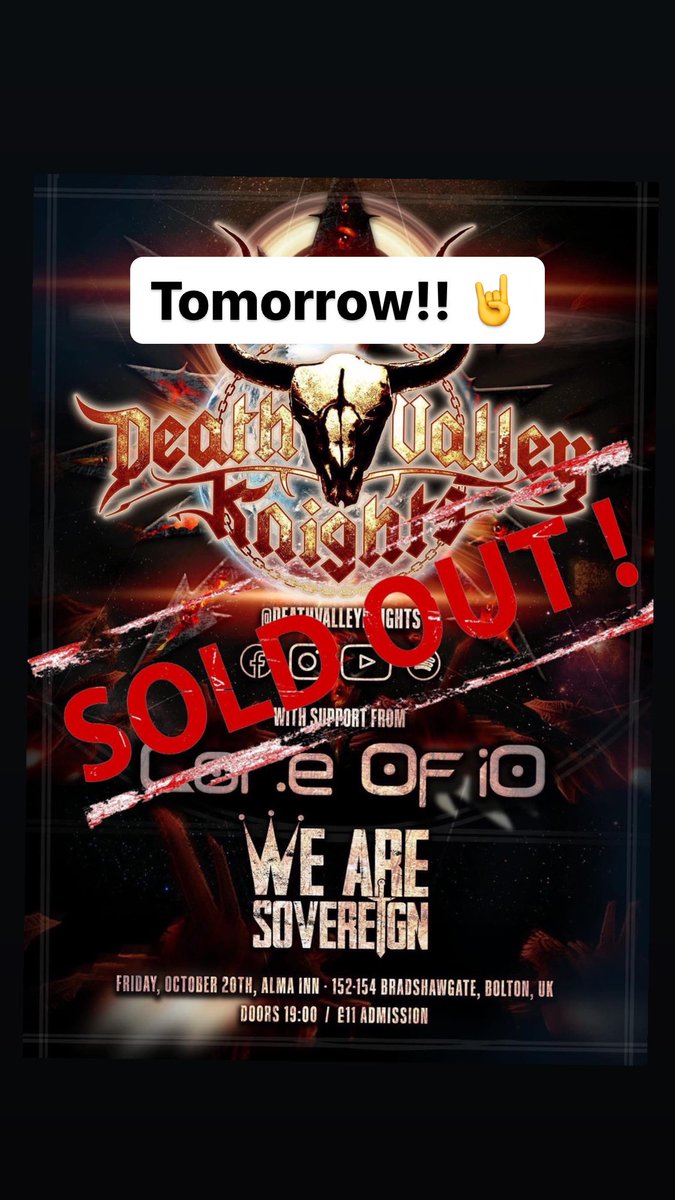 Unfortunately our show tonight in Swansea has been cancelled. But on the other side of things our show with @wearesovereignofficial and @deathvalleyknights in Bolton tomorrow has SOLD OUT. You win some you lose some. x
