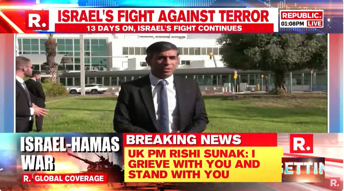 #BREAKING | 'I am here to express my solidarity with the Israeli people. I want you to know that the United Kingdom stands with Israel,' UK Prime Minister Rishi Sunak in Israel amid the war.

#UK #RishiSunak #Israel #IsraelHamasWar #IsraelHamas #Israel #UKPrimeMinister #TelAviv