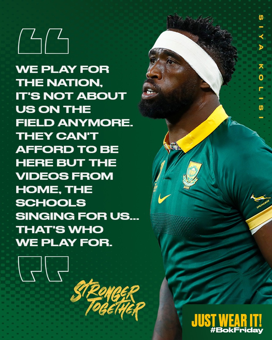 Springboks's tweet image. Don't forget to wear your Green &amp;amp; Gold on Friday - it matters: “It’s about the people back home and that’s what’s driving us” 💚💛
#BokFriday #StrongerTogether #Springboks