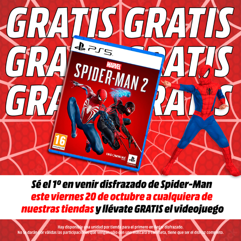 🕷️ ¡Este viernes 20 de octubre sé el 1º en venir DISFRAZADO de Spider-Man a cualquiera de nuestras tiendas y llévate 𝐆𝐑𝐀𝐓𝐈𝐒 Marvel's Spider-Man 2! 🤩🕸️

Qué hacer:

✅Llega disfrazado a la tienda
✅Busca el juego
✅Pasa por caja

¡SÓLO UNO POR TIENDA!

📌Excepto MM Aire Sur
