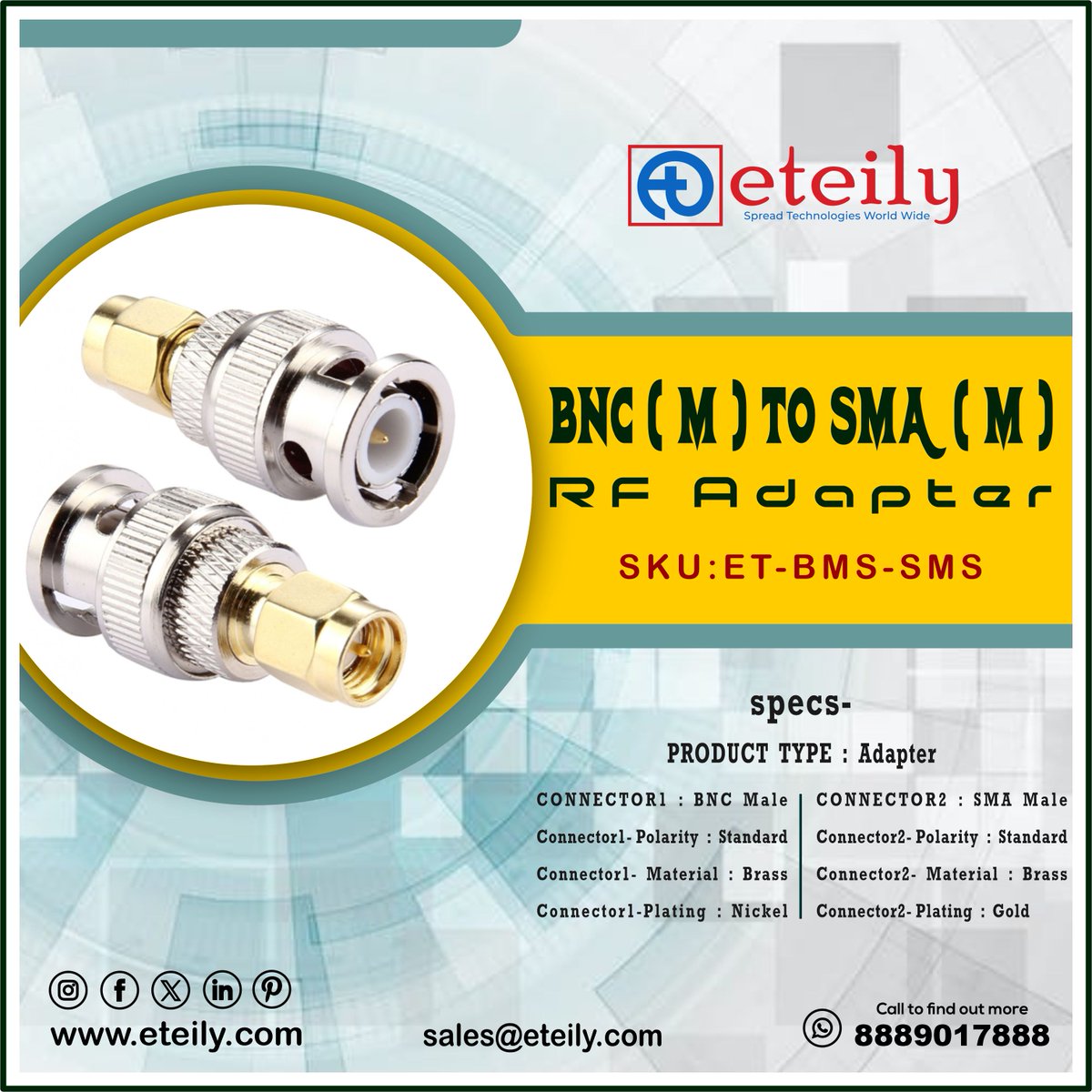 eteilyindia's tweet photo. BNC (M) TO SMA (M) RF Adapter
SKU:ET-BMS-SMS

For More Info -
Contact Us - 8889017888 📞
👉Website - https://t.co/e2stqhtJAE

#eteily #technologies #eteilytechnologies #eteilyindia #rfconnectors #bncmale #smamale #rfadapter #brassmaterial #nikelplating #india #usa #delhi https://t.co/InKeKb8BJJ