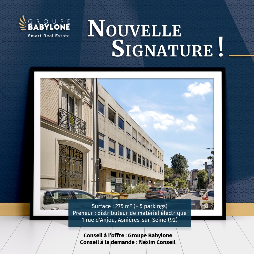 Un distributeur de matériel électrique vient de prendre à bail 275 m² de bureaux (+ 5 parkings) au 1 rue d'Anjou, Asnières-sur-Seine.

Une transaction réalisée par le département IDF Ouest de Groupe Babylone, conseil à l'offre, et NEXIM Conseil, conseil à la demande.