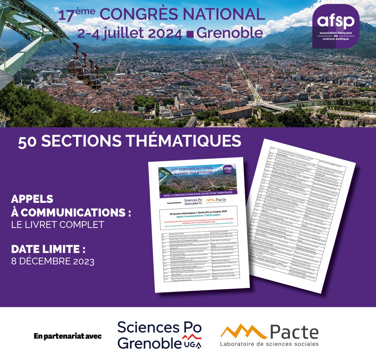 🚨 17e Congrès national de #sciencepolitique à Grenoble en juillet 2024 👉 Lancement des appels à communications pour 50 Sections Thématiques
(date limite : 8 décembre 2023)

Les thématiques des ST du #CongresAFSP2024 &amp; le livret complet des AAC ici : afsp.info/congres-grenob…