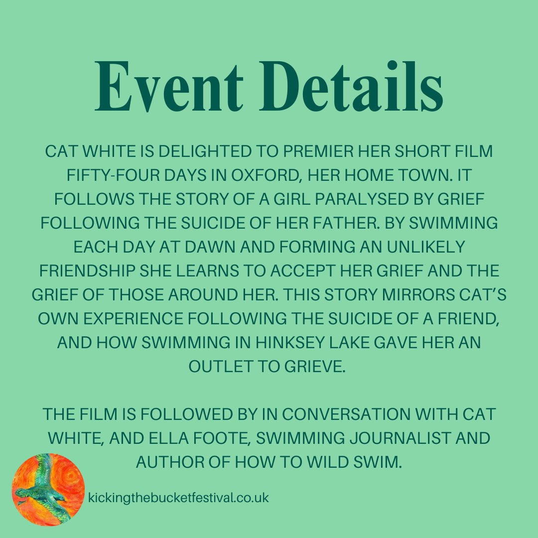 Kicking The Bucket Festival (@ktbfestival) on Twitter photo This Sunday join the wonderful <a href="/catjoywhite/">Catherine Joy White</a> and <a href="/ellachloeswims/">Ella Foote</a> for Drowning Our Sorrows! Come to swim, watch, and talk 🏊♀️
For more info and to book: kickingthebucketfestival.co.uk/film-and-wild-…
#OpenDiscussions #Grief #KickingTheBucketFestival #Oxford #bereavement #festival #lifeanddeath #swim This Sunday join the wonderful <a href="/catjoywhite/">Catherine Joy White</a> and <a href="/ellachloeswims/">Ella Foote</a> for Drowning Our Sorrows! Come to swim, watch, and talk 🏊♀️
For more info and to book: kickingthebucketfestival.co.uk/film-and-wild-…
#OpenDiscussions #Grief #KickingTheBucketFestival #Oxford #bereavement #festival #lifeanddeath #swim