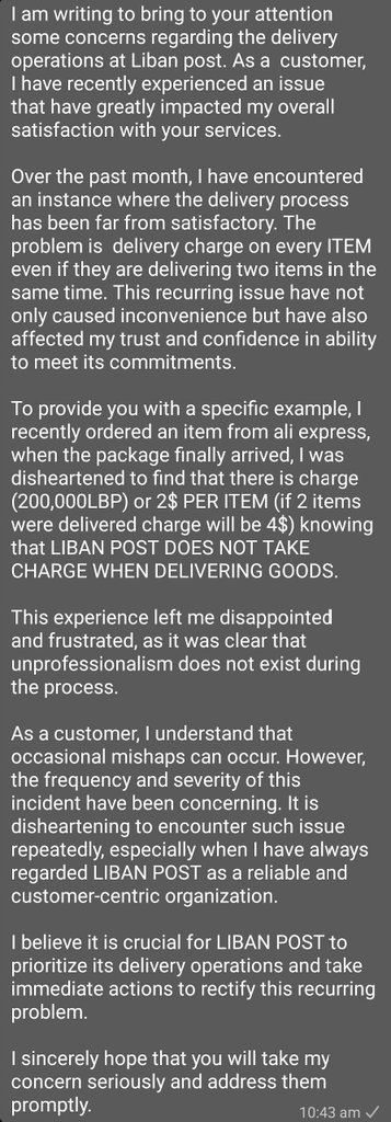 AntounGrg's tweet photo. I am writing to bring to your attention some concerns regarding the delivery operations at @LibanPost. As a  customer, I have recently experienced an issue that has greatly impacted my overall satisfaction with your services.
@AliExpress_EN
#lebanon #Aliexpress #libanpost
Read👇 https://t.co/CYiFpb9wyI