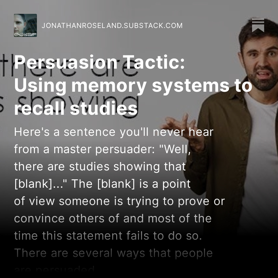 JRoseland's tweet image. A master persuader discussing (or debating) science, politics, or health, can authoritatively cite specific details to support their opinions. This person&apos;s opinion will never be perceived as cheap or common.

Read 🔗 open.substack.com/pub/jonathanro… #Persuasion #MemorySystem