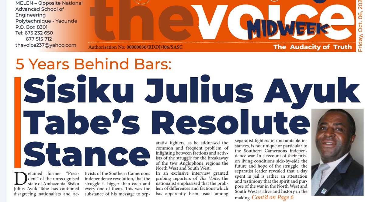 "Thank you to The Voice newspaper for giving us a platform to address Ambazonians and the international community. Our voices will not be silenced. #FreeAmbazonia #JusticePrevails"