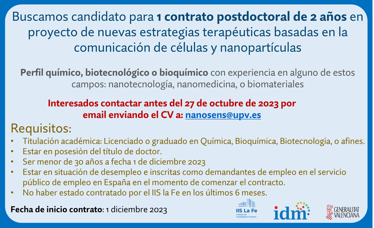 IDM_UPV_UV's tweet photo. El grupo Nanosens oferta contrato postdoctoral. Requisitos: 
- Estar en posesión de título de doctor
- Ser menor de 30 años
- Estar en situación de desempleo
- No haber estado contratado por el IIS La Fe en los últimos 6 meses
Interesados: 📧nanosens@upv.es
Fecha límite: 27/10 https://t.co/l8qmC7uZuF