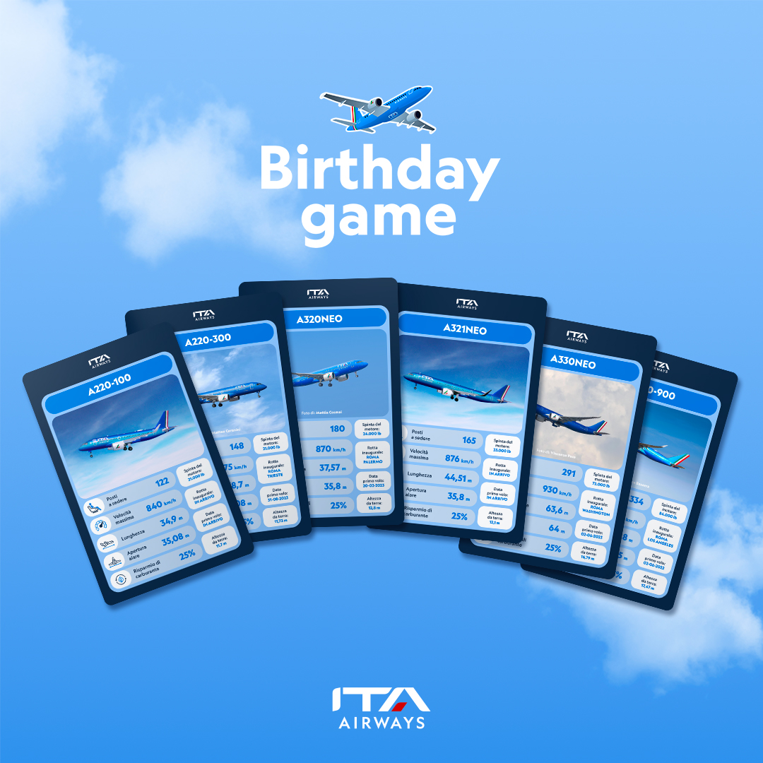 ITAAirways's tweet image. Da due anni ti fanno volare, ma conosci davvero tutte le caratteristiche dei nostri aerei? 😏
Scoprile con il Birthday Game e acquista una GIFT CARD con il 15% di sconto per continuare a volare insieme ✈️
Vai al link 👉 ita-airways-compleanno.com

#ITAAirways #BirthdayGame