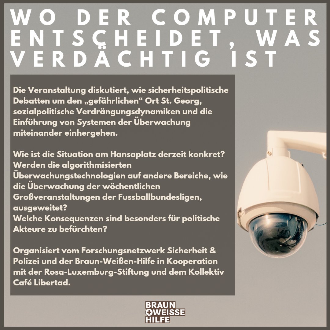Am 16.11. veranstalten wir gemeinsam mit @sichpol und in Kooperation mit <a href="/rosaluxstiftung/">🔴 Rosa-Luxemburg-Stiftung</a> und <a href="/CafeKollektiv/">Café Libertad Kollektiv</a> eine Podiumsdiskussion zu KI-Überwachung am Beispiel Hansaplatz und der Gefahr für verschiedene Kontexte, wie bspw. Fußball. Save the Date! #hansaplatz #überwachung