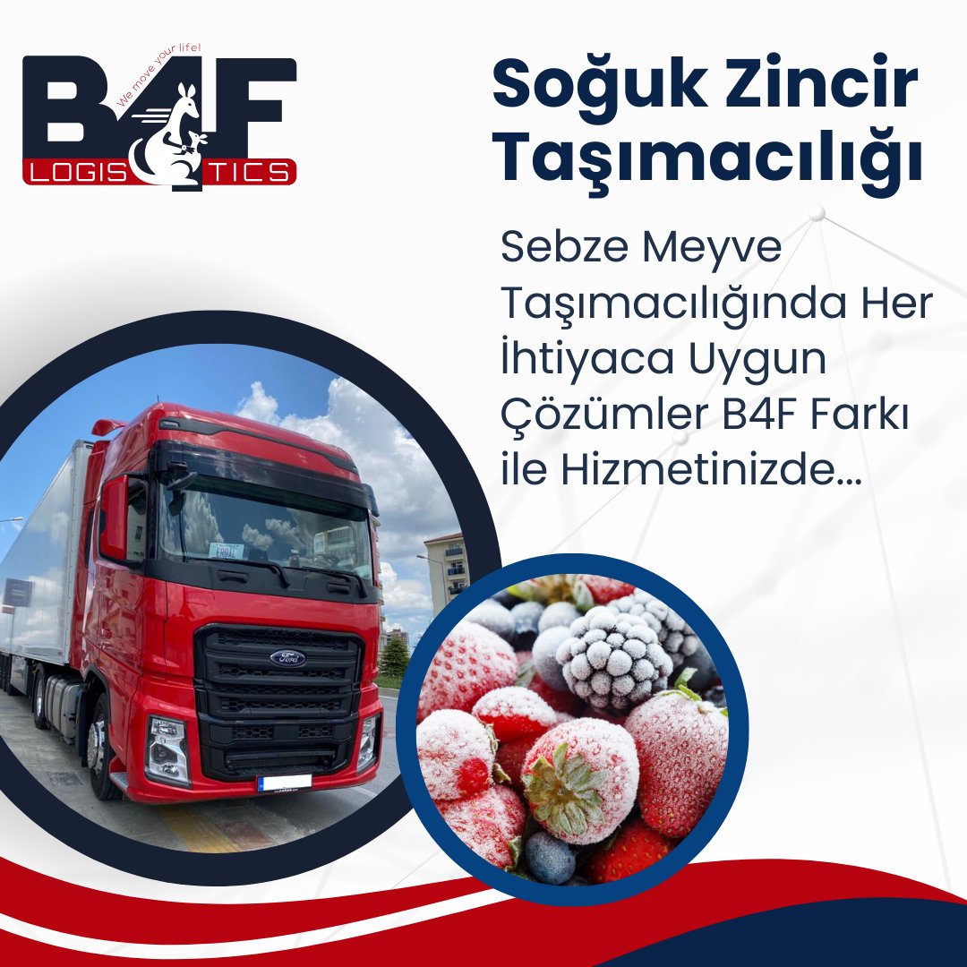 Sebze Meyve Taşımacılığında Her İhtiyaca Uygun Çözümler B4F Farkı ile Hizmetinizde...
#karayolutaşımacılığı   #havayolutaşımacılığı #denizyolutaşımacılığı #intermodaltaşımacılık   #uluslararasıtaşımacılık #roadfreight #airfreight #seafreight   #bondedwarehouse #railway