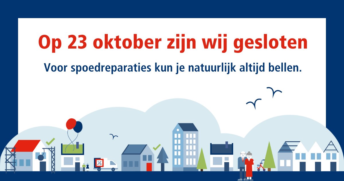 ⛔ Maandag 23 oktober zijn we dicht. Onze medewerkers zijn dan druk met het inplannen van reparaties die we de laatste weken niet konden oppakken. En ze leren werken met het nieuwe computersysteem. Vanaf 24 oktober zitten onze medewerkers van de klantenlijn weer voor je klaar!