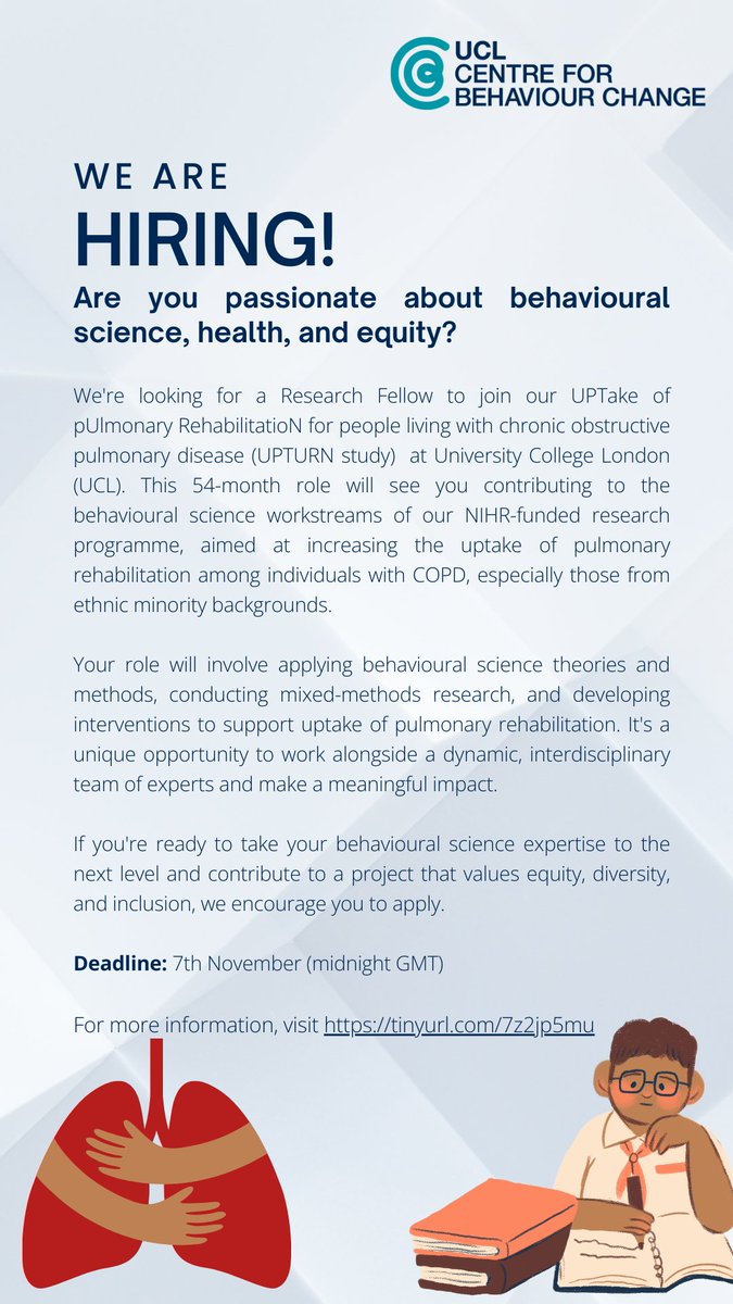 3. Research Fellow in Behavioural Science - UPTURN 👩‍🔬 Ready to shape the field of behavioural science? Join the UPTURN Study, enhancing the uptake of pulmonary rehabilitation among people with COPD. Apply here 👇: tinyurl.com/7z2jp5mu