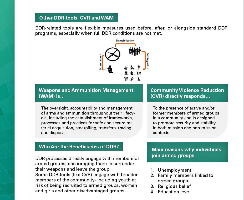 AUC_PAPS's tweet photo. ℹ IN A NUTSHELL:
#Disarmament, #Demobilization &amp; #Reintegration (#DDR) in Africa: Opportunities, Challenges &amp; Evolution

@_AfricanUnion @UNOAU_ @UNDPPA @WorldBankAfrica @UNPeacekeeping @UN_OROLSI https://t.co/1lVM5mFd8o