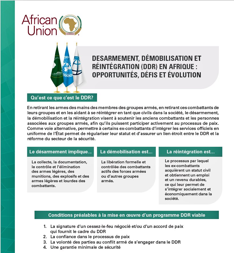 AUC_PAPS's tweet photo. ℹ IN A NUTSHELL:
#Disarmament, #Demobilization &amp; #Reintegration (#DDR) in Africa: Opportunities, Challenges &amp; Evolution

@_AfricanUnion @UNOAU_ @UNDPPA @WorldBankAfrica @UNPeacekeeping @UN_OROLSI https://t.co/1lVM5mFd8o