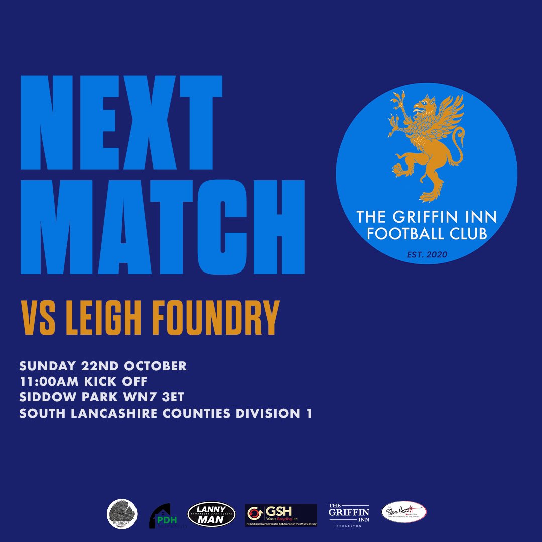 The Griffin Inn FC (@thegriffininnfc) on Twitter photo Focus back onto the league this Sunday 👇
🆚 <a href="/LeighFoundryFC/">Leigh Foundry F.C.</a>
⏰ 11:00AM KO
📍 Siddow Park WN73ET
🔢 12th Vs 5th Focus back onto the league this Sunday 👇
🆚 <a href="/LeighFoundryFC/">Leigh Foundry F.C.</a>
⏰ 11:00AM KO
📍 Siddow Park WN73ET
🔢 12th Vs 5th