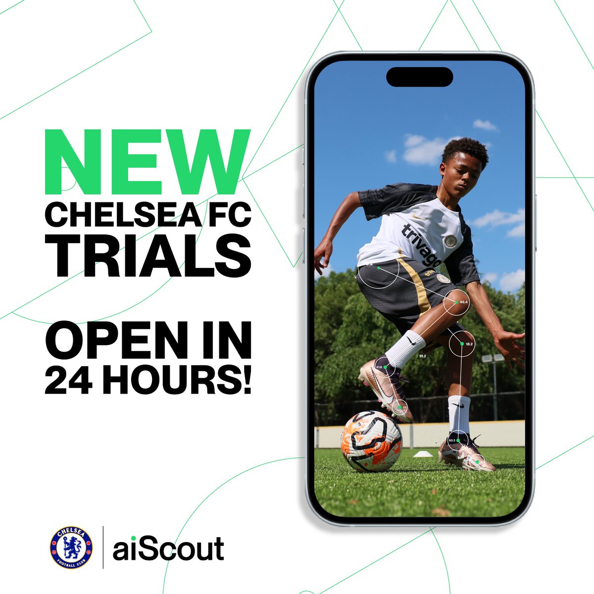 New @ChelseaFC trials open in just 24 hours in the aiScout app Make sure you have downloaded the lastest version of the app, and keep an eye out for the trials opening this Friday.