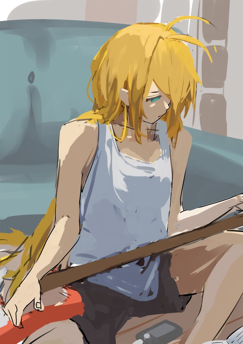 instrument long hair 1girl blonde hair solo shorts guitar  illustration images