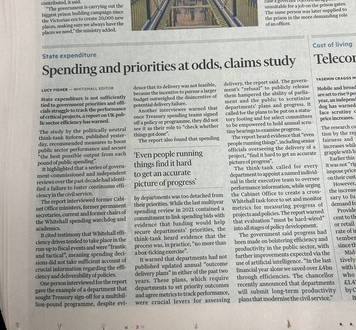 Thrilled to see in the @FT in print this morning, write-up of Reform analysis showing structures & incentives of Whitehall are *not* set up to prioritise getting most from every £ of spending V. grateful for expert input of all who we interviewed for this & @reformthinktank team