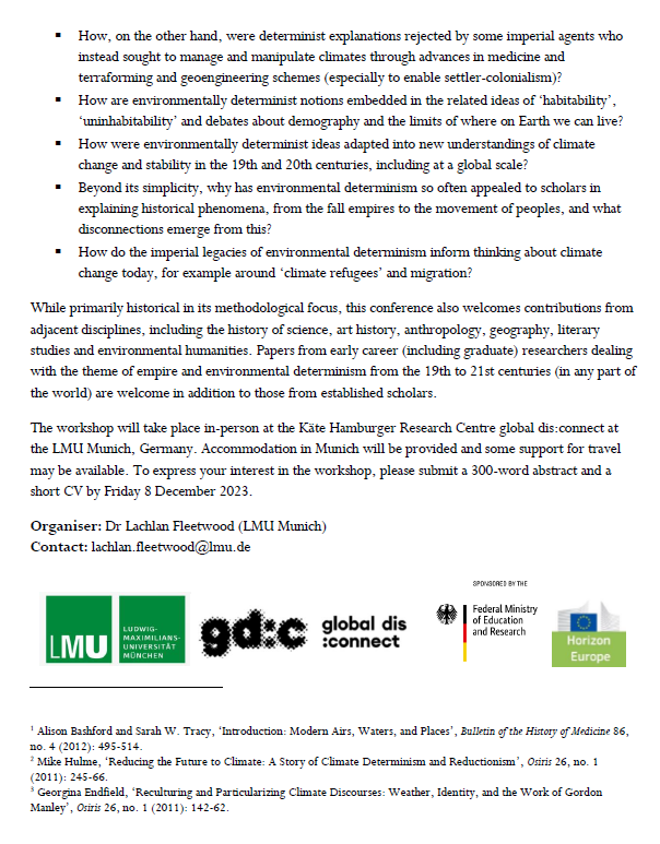 Lachlan Fleetwood (@lachlanfleet) on Twitter photo CFP: "Climate Change, Empire and the Legacies of Environmental Determinism," LMU Munich, 18-19 March 2024. Please circulate and/or get in touch if this is of interest! <a href="/LMU_Muenchen/">Universität München</a> CFP: "Climate Change, Empire and the Legacies of Environmental Determinism," LMU Munich, 18-19 March 2024. Please circulate and/or get in touch if this is of interest! <a href="/LMU_Muenchen/">Universität München</a>