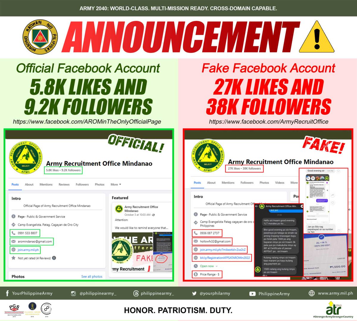 ANNOUNCEMENT

The Army Recruitment Office Mindanao called our attention that a FAKE Facebook Account pretending to be them has been circulating online and asking money to all interested Army applicants.