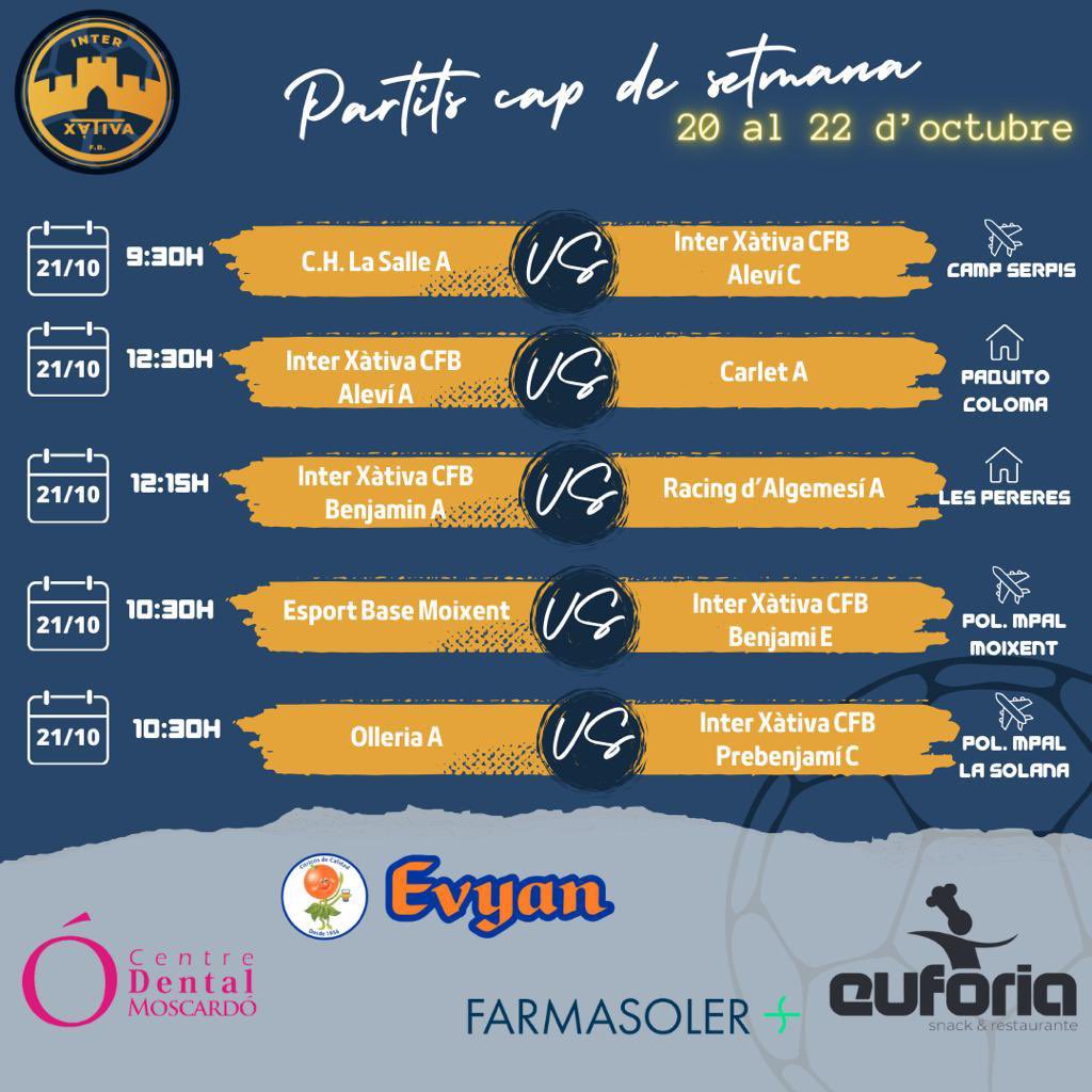 Partits cap de setmana! #IXDanielcanet #IXAutojana #IXAmicsVeterinaris IXDentalMoscardo #IXEvyan #IXFarmaSoler #IXEuforia #IXGarciaDecoracio #IXAutogimensa #IXGimenezeHijos #IXRecambiosColon