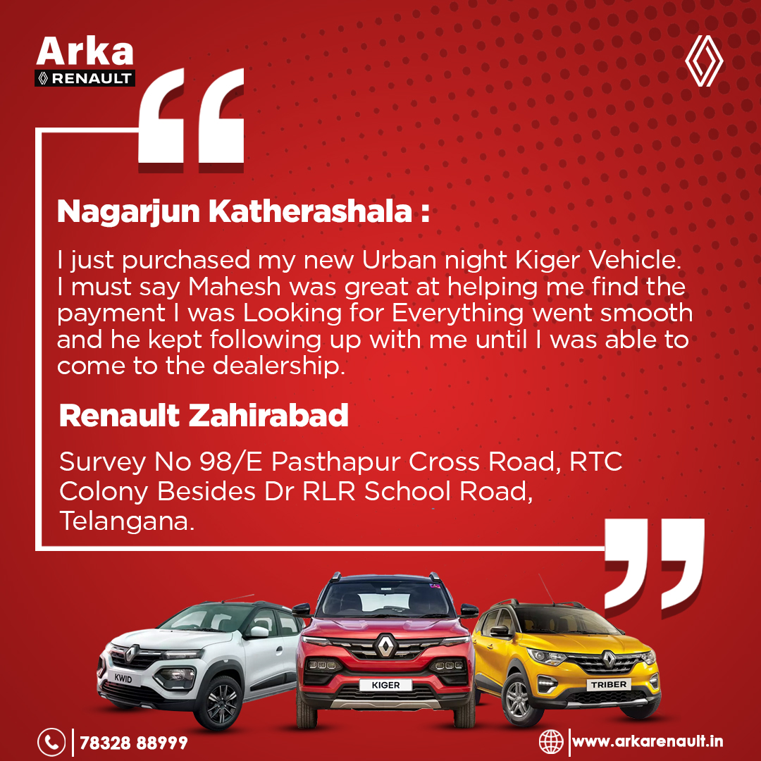 We're excited to share this fantastic review from one of our cherished customers at Arka Renault.Your satisfaction is our ultimate goal

#ArkaRenault #HappyCustomerReview #CustomerSatisfaction #Excellence #DreamCar #RenaultIndia #Renault #reaultcars