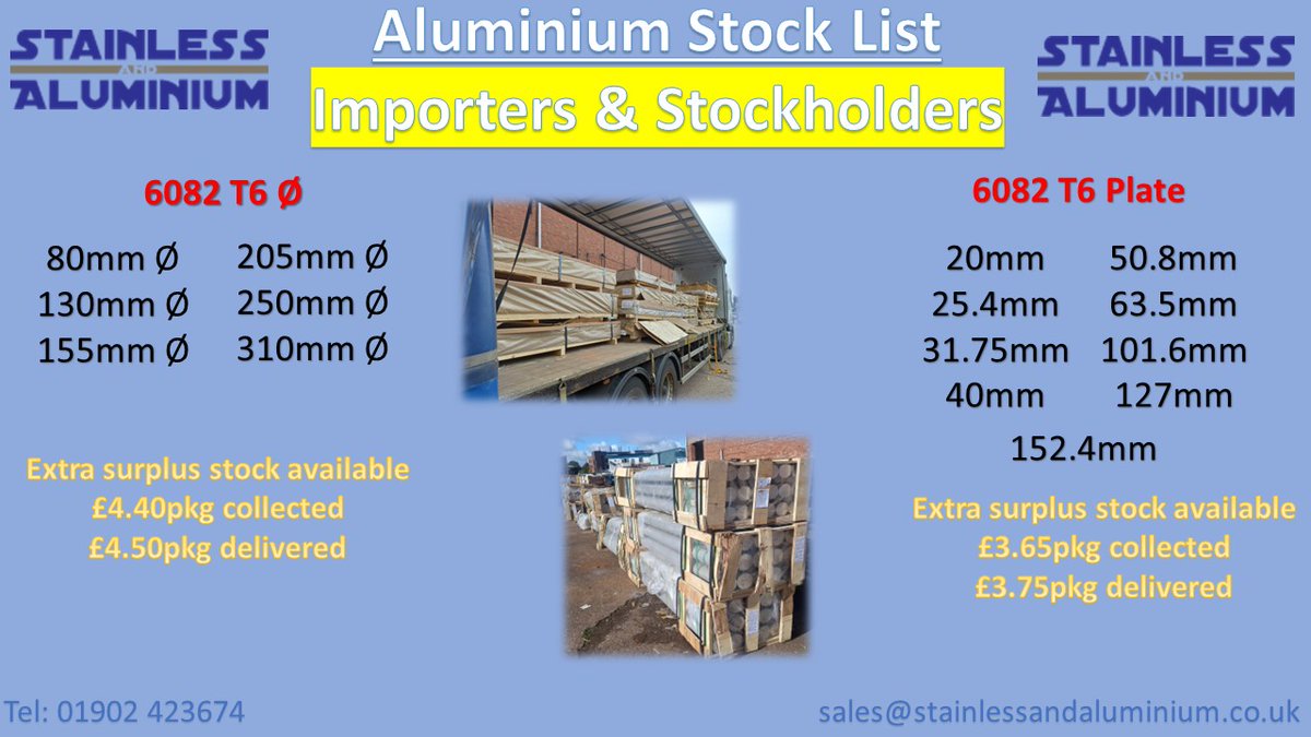 *** Surplus Stock***

Please see below surplus stock we have just had delivered.

All material is subject to availability and is going quick!

MOQ 500kgs per size

Ø - £4.40pkg collected or £4.50pkg delivered
Plate - £3.65pkg collected or £3.75pkg delivered

Get in touch!