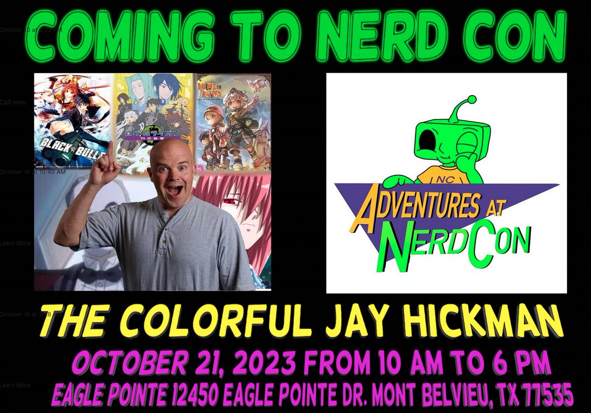 JayHickmanMD's tweet photo. Suuuuuuper pumped for this weekend, when I'll be at #NerdCon2023 in Mont Belvieu, Texas (just east of Houston)! Lots of cool guests from the world of entertainment, and loads of amazing things to see! I hope one of the things *I* get to see... is you! 🤞🤞🤞
#NerdCon #anime https://t.co/G1AiThsT2s