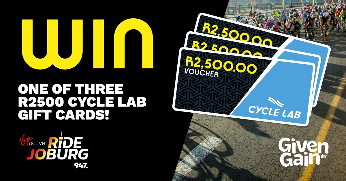 Participating in the Virgin Active 947 Ride Joburg? Simply raise R1500 or more in online donations on your GivenGain fundraising project between 19 October - 01 November to be entered for a chance to WIN one of three R2500 Cycle Lab gift cards! Ts&Cs bit.ly/3rWjQTN