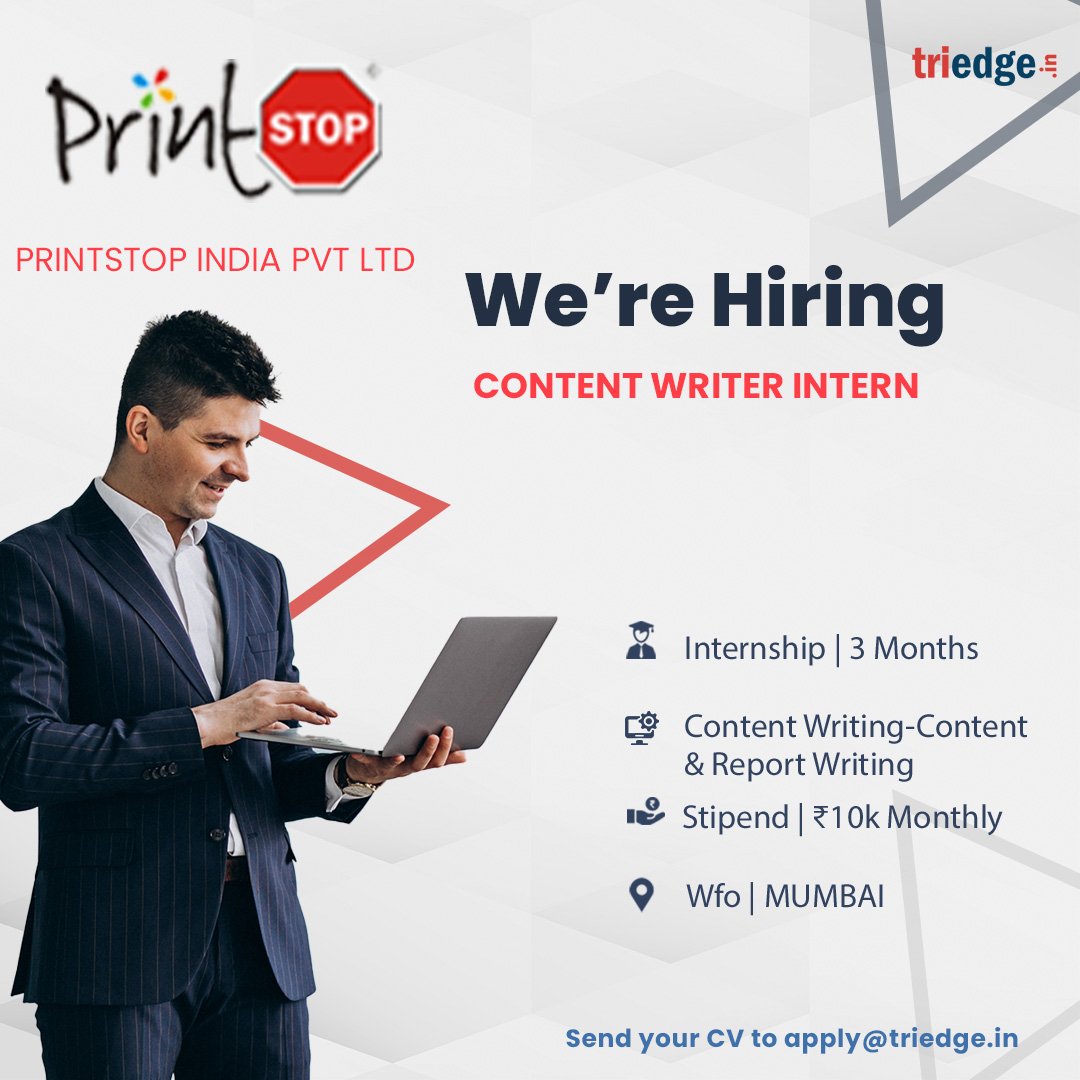PrintStop India Pvt Ltd is providing internship opportunities for the role of Content Writer Intern. Apply with your resume at apply@triedge.in.

#content #contentwriter
