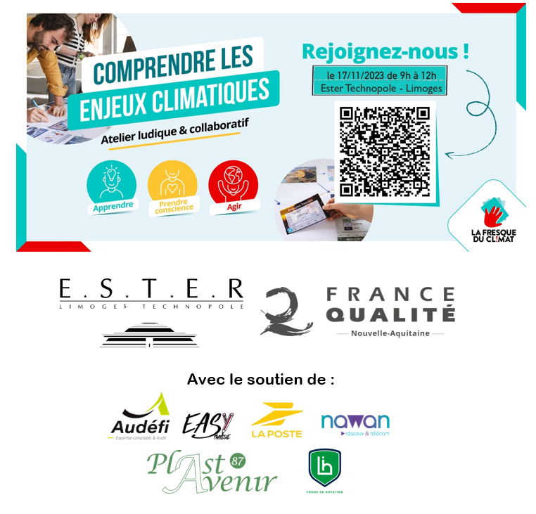 EsterTechnopole's tweet photo. [SAVE THE DATE] 📢 #ESTERTechnopole, #FranceQualitePerformance #NouvelleAquitaine &amp; leurs partenaires vous proposent un atelier @FresqueDuClimat 

🗓️ le 17/11
📍 à #Limoges, Technopole.

Venez nombreux vous former aux enjeux climatiques !

👉 Inscription : https://t.co/kWgaer0SzI https://t.co/678FVGE48t