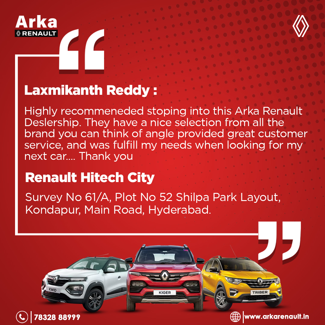 At Arka Renault, customer satisfaction is at the heart of everything we do. We're overjoyed to have made your car-buying experience exceptional.

#ArkaRenault #HappyCustomerReview #CustomerSatisfaction #Excellence #DreamCar#RenaultIndia #Renault #reaultcars