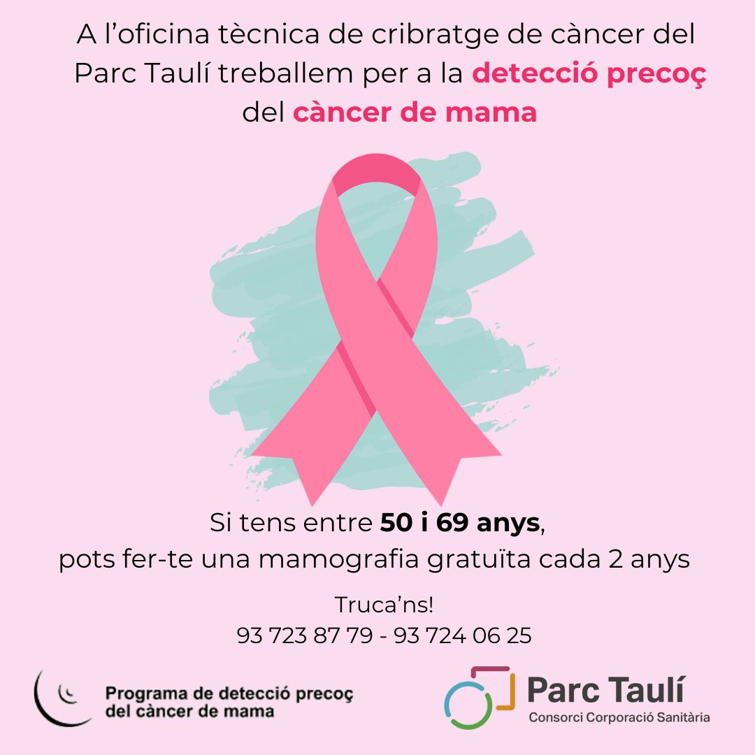 Cribratge de Càncer Taulí (@cribratgetauli) on Twitter photo Des del Programa de Detecció Precoç del Càncer de Mama del <a href="/parctauli/">Consorci Corporació Sanitària Parc Taulí</a>, oferim a les dones d'entre 50 i 69 anys una #mamografia gratuïta cada 2 anys per detectar precoçment el #cancerDeMama Des del Programa de Detecció Precoç del Càncer de Mama del <a href="/parctauli/">Consorci Corporació Sanitària Parc Taulí</a>, oferim a les dones d'entre 50 i 69 anys una #mamografia gratuïta cada 2 anys per detectar precoçment el #cancerDeMama
