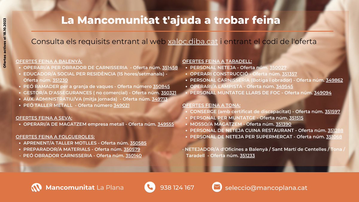 ✅ El Servei Local d’Ocupació de la #Mancomunitat t’ajuda a trobar feina.

🔎 Consulta els requisits entrant el 𝗰𝗼𝗱𝗶 𝗱𝗲 𝗹’𝗼𝗳𝗲𝗿𝘁𝗮 corresponent a 👉 tinyurl.com/OfertesFeinaMa…