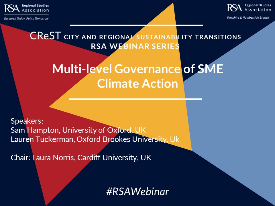 🚨Still time to register for today's 12pm BST CReST #RSAWebinar on: ➡️Multi-level Governance of SME Climate Action 📢 @samhampton & Lauren Tuckerman 🪑 @EconGeogCymru To register for free and more info: ℹ️ bit.ly/crest2023 🔁🤗🔥