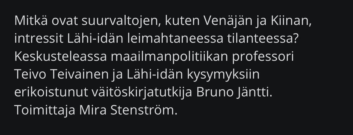 Suurvaltojen rooli #Palestiina/#Israel -väkivaltakierteessä oli teemanamme radiossa. Lämminhenkisen keskustelun veti @stenstrommira. Haastateltavina @BrunoJantti ja meitsi. Nauhoitus täällä: areena.yle.fi/1-66781131?utm… #ylenaamu #israel #venäjä #kiina