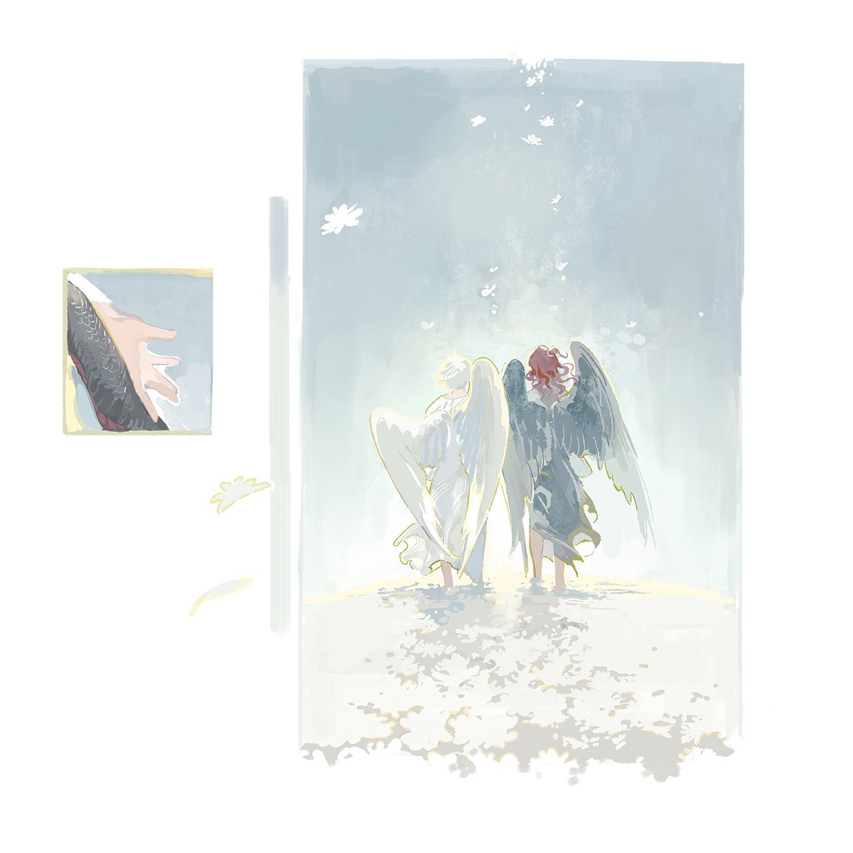 wings feathered wings barefoot sitting white hair red hair angel wings  illustration images