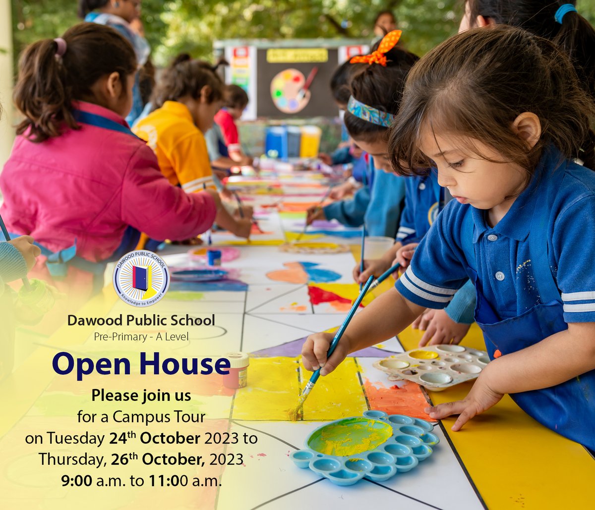 dpspakistan's tweet photo. Please join us for an Open House on Tuesday, 24th October, 2023 to Thursday, 26th October, 2023 from 9:00 a.m. to 11:00 a.m.

Admission Registration for session 2024-25 will commence from:
Wednesday, 1st November 2023 to Thursday, 30th November 2023 (both days inclusive). https://t.co/NhYcrpeMGl