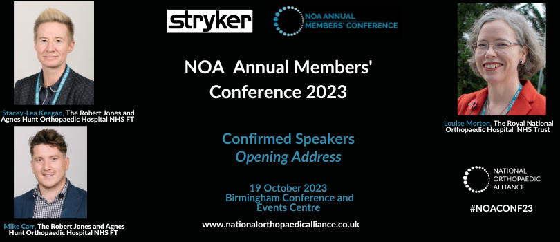 NOAOrthopaedics's tweet photo. It's 9:30am and time for the #NOACONF23 opening address with NOA Lead CEO @JoanneWiliams, followed by insights on the past year's MSK strategy from @spikeystace, @Mike_J_Carr, and Louise Morton. #Orthopaedics #OpeningAddress https://t.co/FEM6Um0zUO