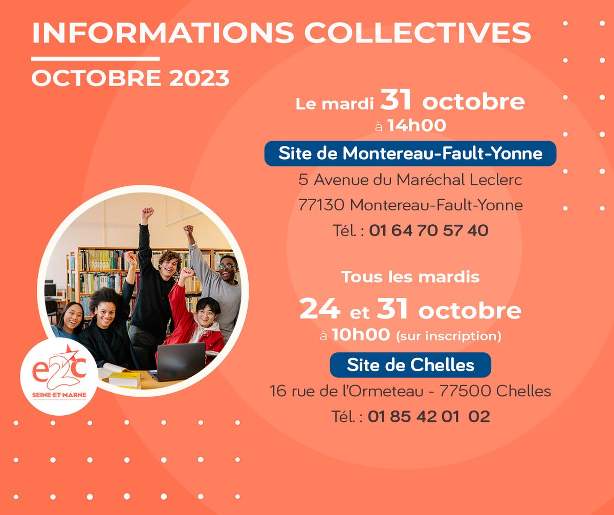 🔔#informationcollective
📍#Chelles : les mardis à 10h00
📍#Montereau : Le mardi 31/10 à 14h00
☺️Pour les jeunes de 16-25 ans, sans diplôme ou titulaire du baccalauréat ou de son équivalent (CAP, BEP ...), motivés à se former ou souhaitent être accompagnés pour trouver un emploi