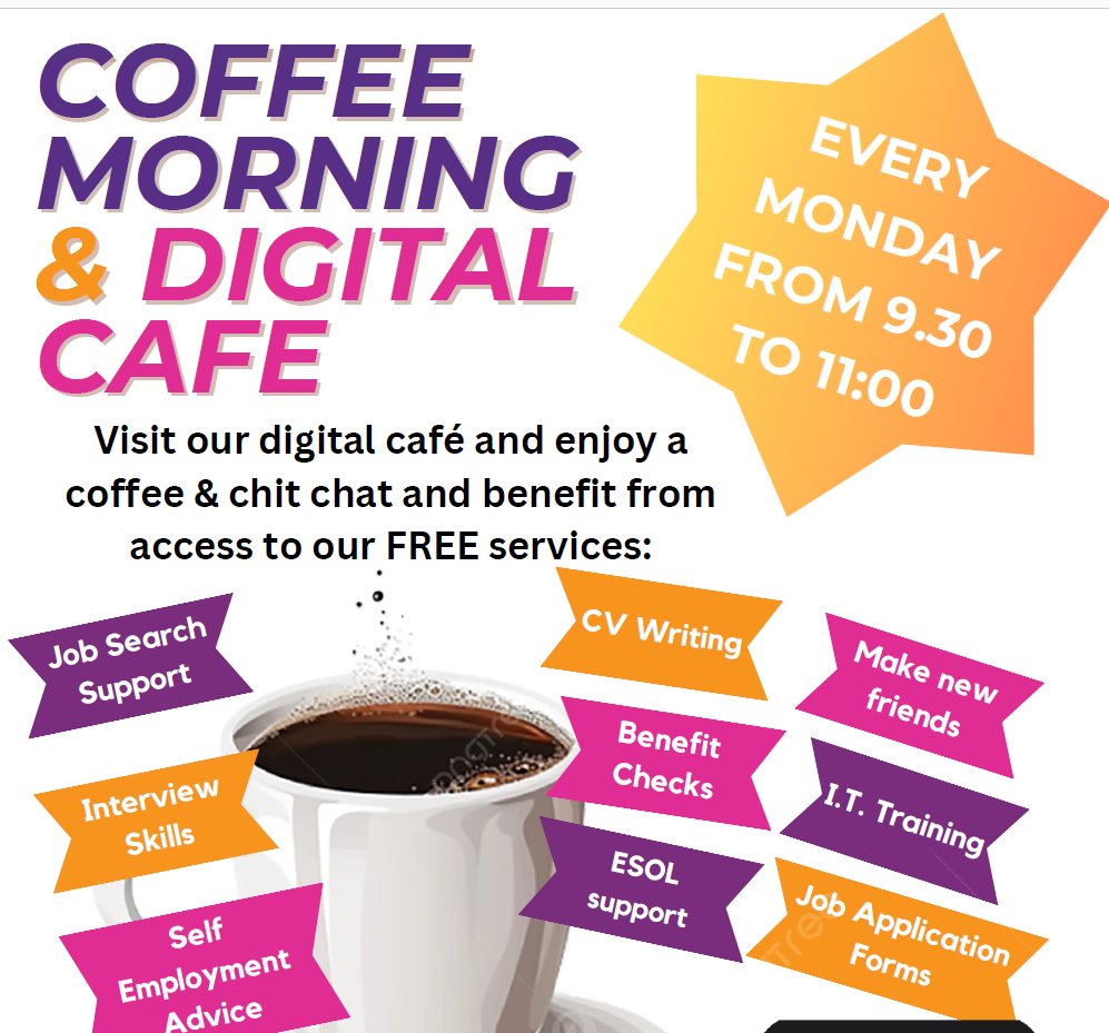 Fancy a coffee? You are welcome to join us on Monday mornings. Have a chat about what's on your mind, make friends and find out about the support we offer.