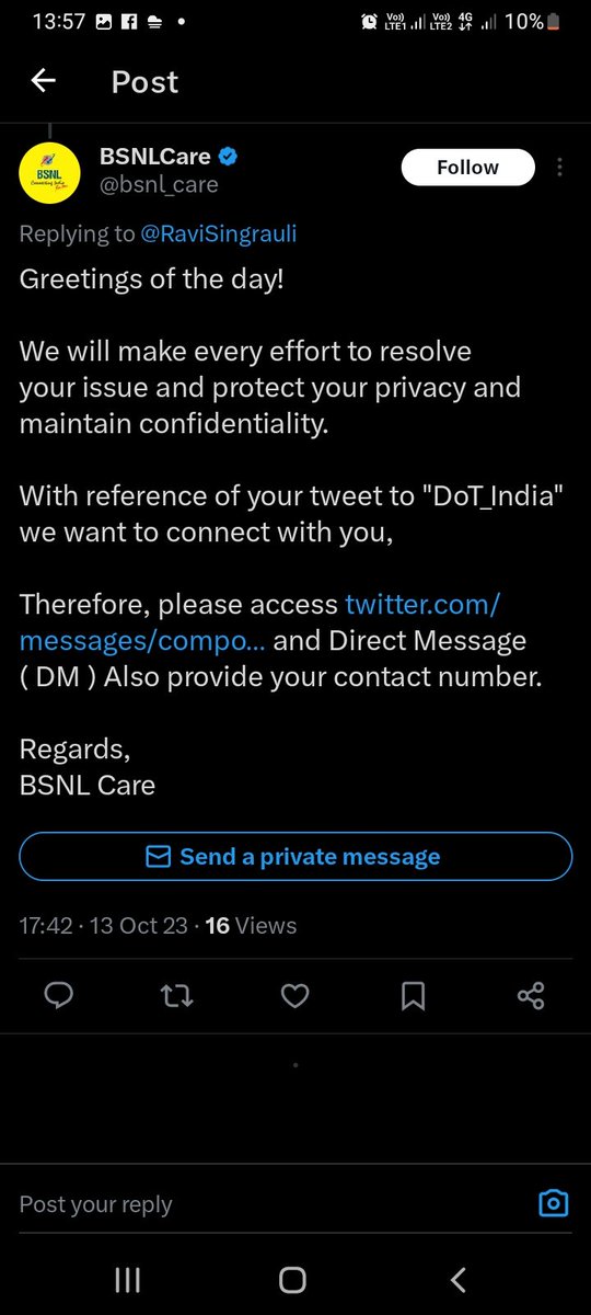 RaviSingrauli's tweet photo. दफ़्तर में बैठ BSNL की बर्बादी का तमाशा देखने की तनख्वाह लेने वालों, अब इस ट्वीट का जवाब मत देना, क्योंकि हफ्ते भर से ट्वीट का जवाब देने के अलावा आप सब ने कुछ किया भी नहीं है. मेरा कनेक्शन 19 दिन से खराब ही है. @bsnl_care @DoT_India @AshwiniVaishnaw @PMOIndia https://t.co/C5fJRtWO5n