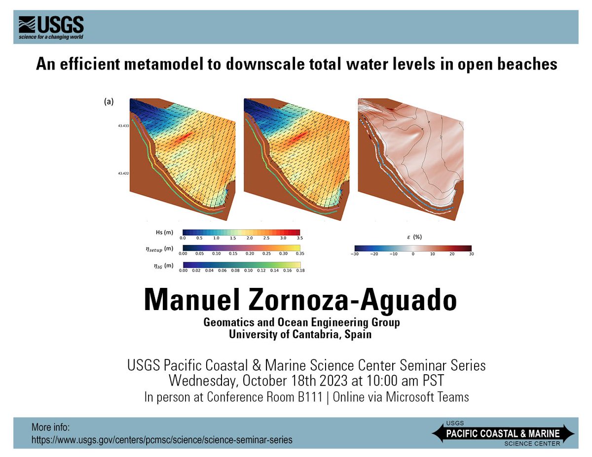 GeoOcean_UC's tweet photo. Our colleague Manuel Zornoza Aguado yesterday presented his latest research on "An efficient metamodel to downscale total water levels in open beaches" at the Pacific Coastal Marine Science Center (PCMSC) Seminar Series. https://t.co/MSfwUJmyQS
