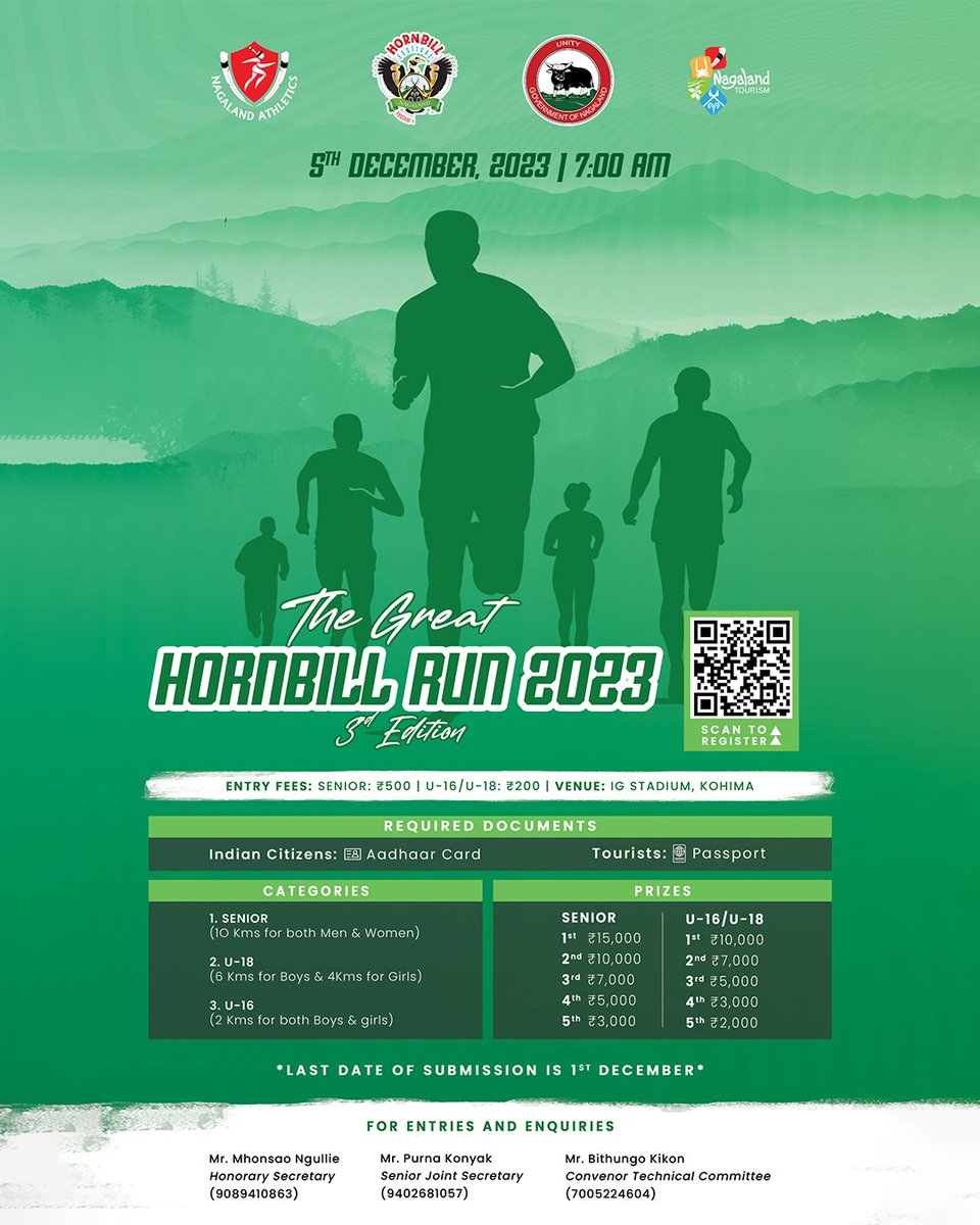 NagaAthletics's tweet photo. 🏃‍♀️ The Great Hornbill Run 2023 - 3rd Edition is here! 🏃‍♂️

🗓️ Last Date to Register: December 1
📍 Venue: IG Stadium, Kohima

📝 Entry Fees:

Senior: ₹500
U-16/U-18: ₹200

📋 Required Documents:
Indian Citizens: E-Aadhaar Card
Tourists: Passport

🏆 Categories & Prizes:
🥇 SENIOR (10 Kms for both Men & Women)
1st: ₹15,000
2nd: ₹10,000
3rd: ₹7,000
4th: ₹5,000
5th: ₹3,000

🥇 U-18 (6 Kms for both Boys & Girls)
1st: ₹10,000
2nd: ₹7,000
3rd: ₹5,000
4th: ₹3,000
5th: ₹2,000

🥇 U-16 (2 Kms for both Boys & Girls)
1st: ₹10,000
2nd: ₹7,000
3rd: ₹5,000
4th: ₹3,000
5th: ₹2,000

📢 Don't miss out on this thrilling run! Register now by scanning the QR code.

For inquiries and entries, contact:
Mr. Mhonsao Ngullie, Honorary Secretary: 9089410863
Mr. Purna Konyak, Senior Joint Secretary: 9402681057
Mr. Bithungo Kikon, Convenor Technical Committee: 7005224604

Join us for a memorable run at #GreatHornbillRun2023! 🏁 #KohimaSports #MarathonSeason
