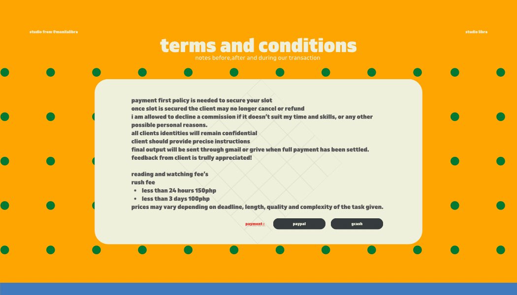 Hello!! and Good Day!! #commstwt 🌻 Welcome to StudioLibra by Manilalibra! your creative studio commer! 🌹💛 ◡̈  ◡̈  ◡̈

🌻Carrd: studioliba.carrd.co
🧃Samples: #studiolibra_graphics 
🧃Feedbacks: #studiolibra_receipts 

✰: #manilalibra_studios 
✰: #lettersbyNica