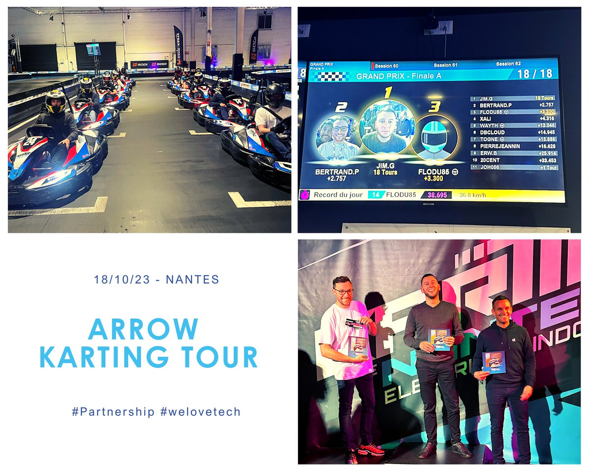 Hier soir, nous étions invités par @ArrowECS_Fr  à une soirée de karting ! 🏎

Sur le circuit de St-Herblain, notre équipe a démontré toute la maitrise du pilotage, notamment avec notre Jim national qui a fini 1er  toutes catégories confondues. Bravo ! 👏😀🏆

#Partner #Cloud