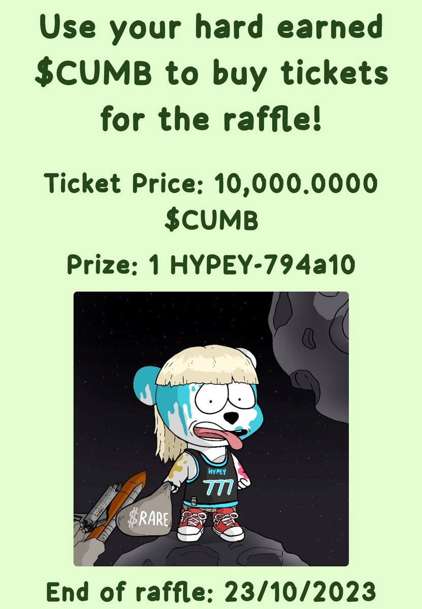 Hey cumbros, the new raffle has just started! Purchase tickets for a chance to win a cuddly Hypey! The raffle ends on October 23rd!
<a href="/SuperRare_Bears/">SRB LABS 🧪🐻</a>
dapp.cucumberx.com/raffle
