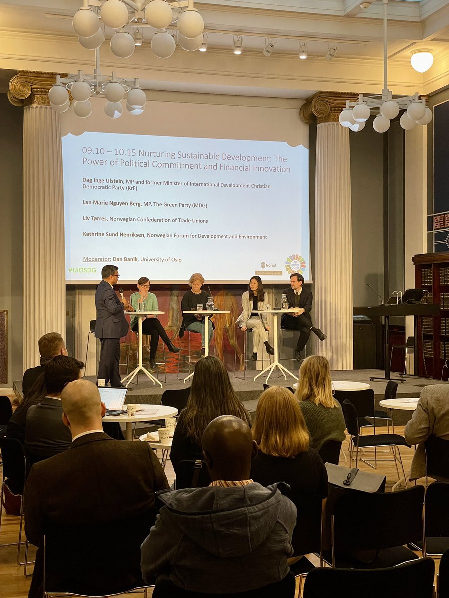 OsloSdg's tweet photo. Panel 1 focused on the Power of Political Commitment and Financial Innovation for the #SDgs featuring @dagiulstein @LivToerres @Lan_Marie @danbanik & @KathrineSH
#UIOSDG @sum_uio https://t.co/shwJf6Qxi4